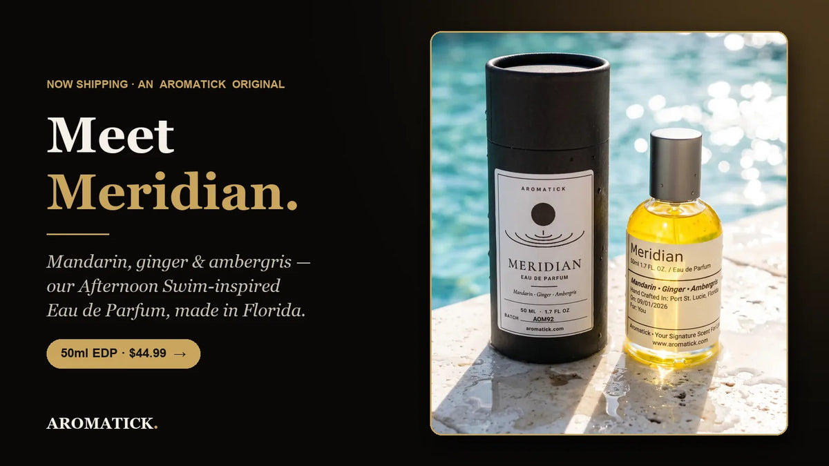 Aromatick Meridian eau de parfum 50ml bottle and black gift tube — mandarin, ginger and ambergris, inspired by Louis Vuitton Afternoon Swim