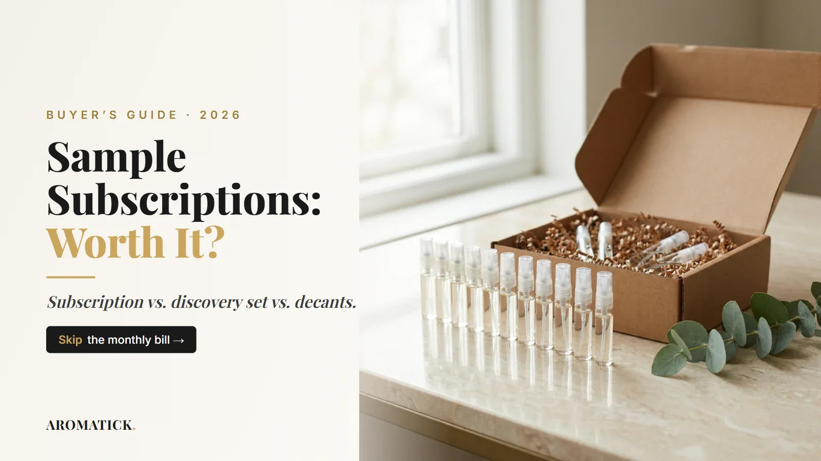 Cologne sample subscriptions worth it: fragrance sample vials beside a subscription box