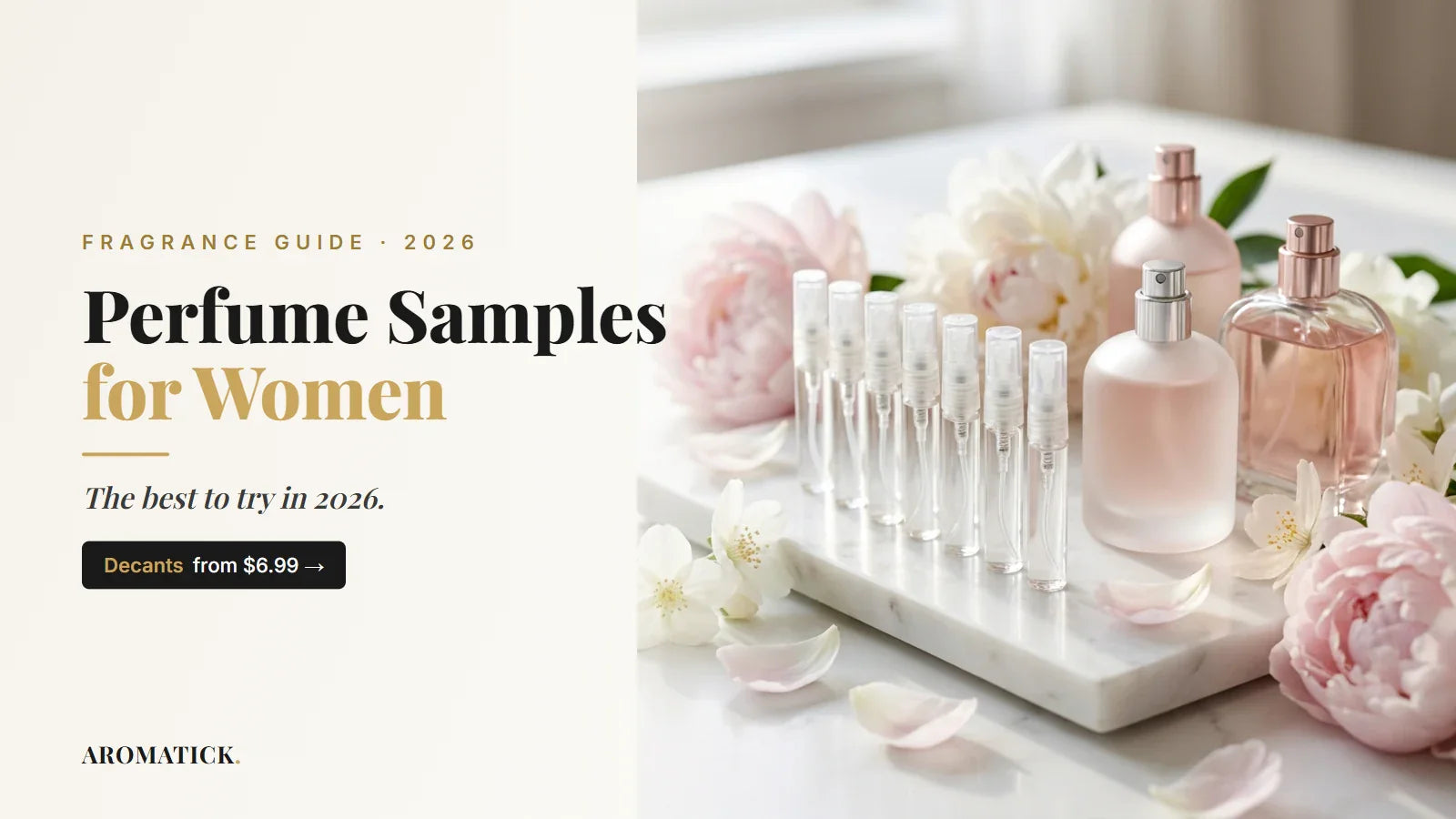 Perfume samples for women 2026: perfume sample decant vials beside elegant bottles and peonies