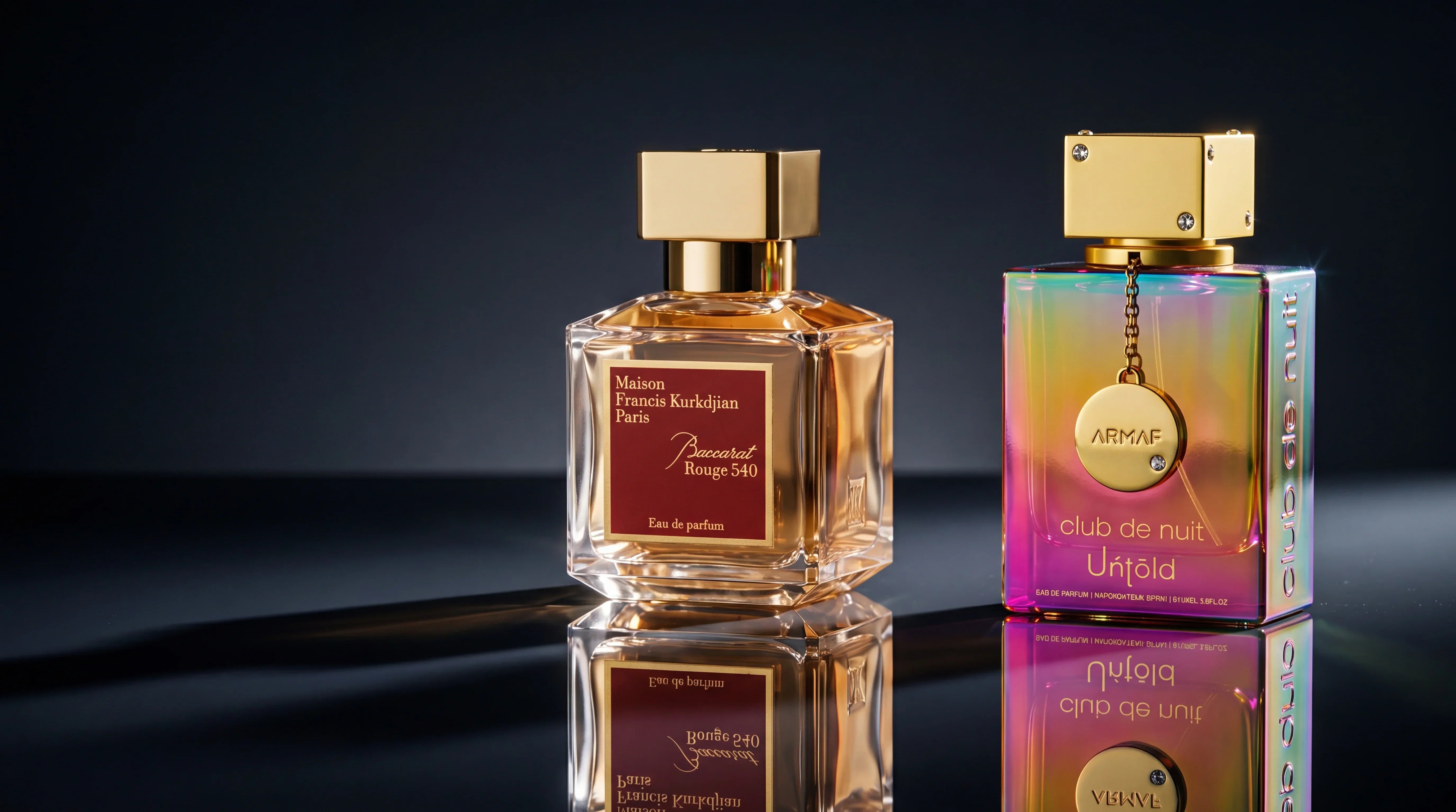 Baccarat Rouge 540 EDP and Club de Nuit Untold baccarat rouge 540 dupe on dark reflective surface