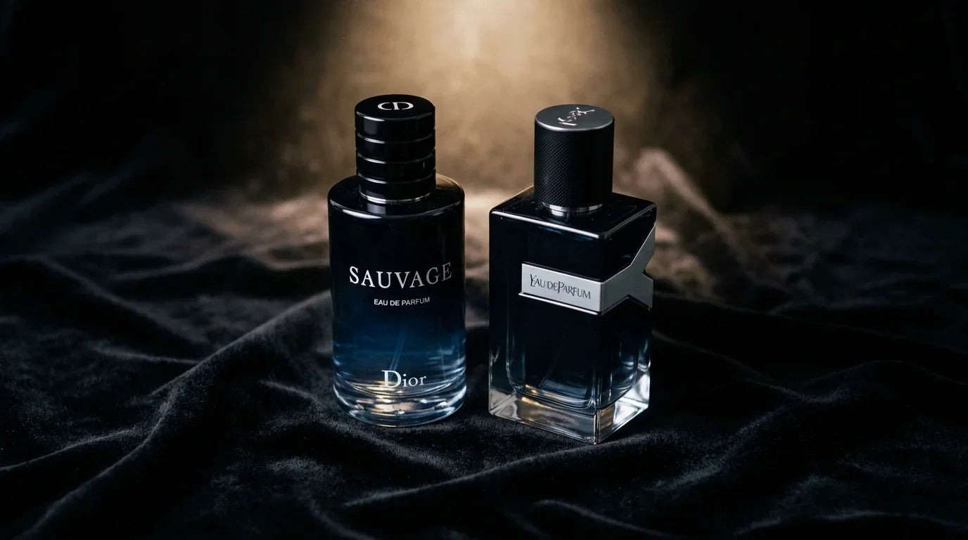 Two luxury cologne bottles paired on black velvet — YSL Y EDP and Dior Sauvage EDP as a seasonal fragrance rotation available at Aromatick at 30 to 60 percent below retail