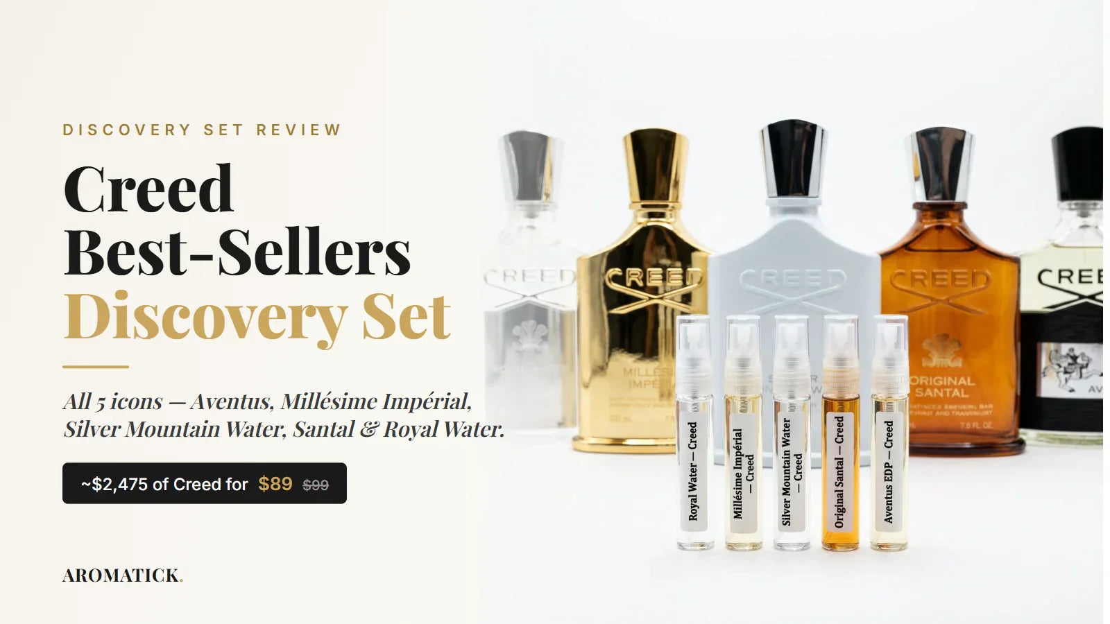 Creed Best-Sellers Discovery Set hero: all five Creed bottles (Aventus, Millesime Imperial, Silver Mountain Water, Original Santal, Royal Water) with labeled 5ml decants, titled Discovery Set Review, 