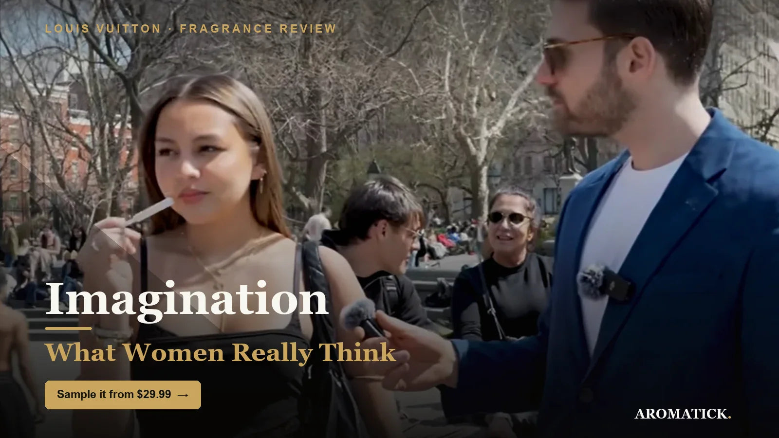 Woman reacting to Louis Vuitton Imagination in a blind fragrance street test — review at Aromatick