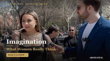 Woman reacting to Louis Vuitton Imagination in a blind fragrance street test — review at Aromatick