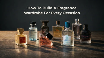 Curated fragrance wardrobe collection including Baccarat Rouge 540, Louis Vuitton, Tom Ford, and Creed on dark wood surface