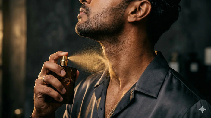 a man spraying cologne on his neck
