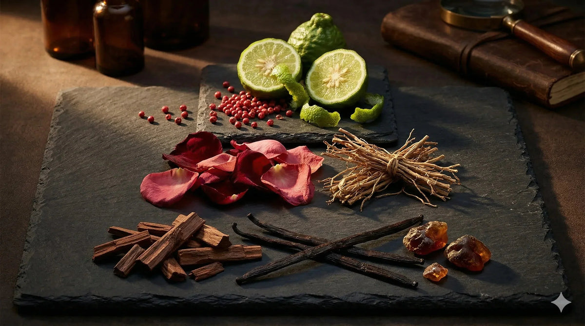 flatlay of fragrance pyramid notes