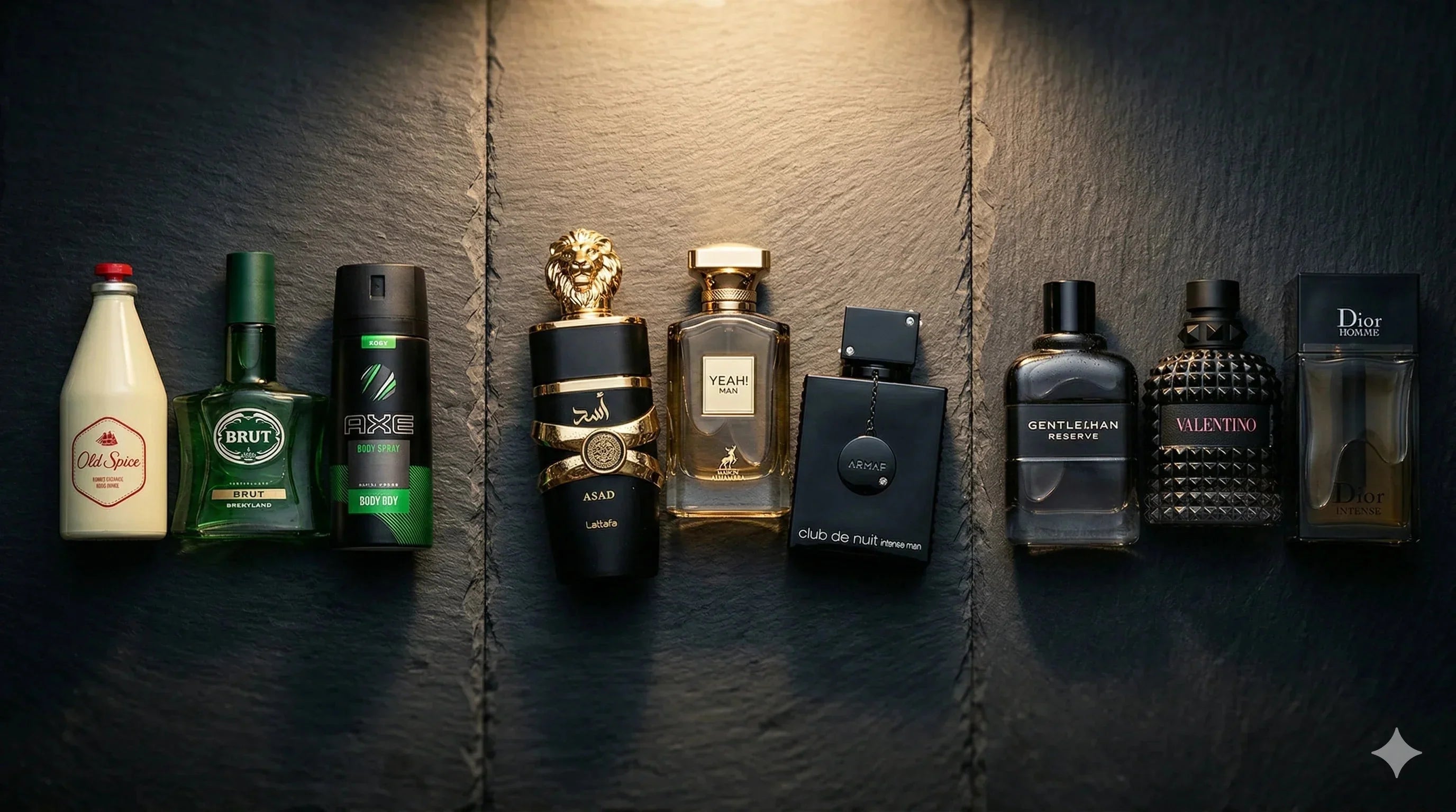 Three tiers of cologne from budget to designer luxury arranged on dark slate — illustrating the difference between drugstore, UAE house, and authentic gray market designer fragrances