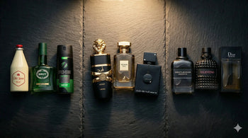 Three tiers of cologne from budget to designer luxury arranged on dark slate — illustrating the difference between drugstore, UAE house, and authentic gray market designer fragrances