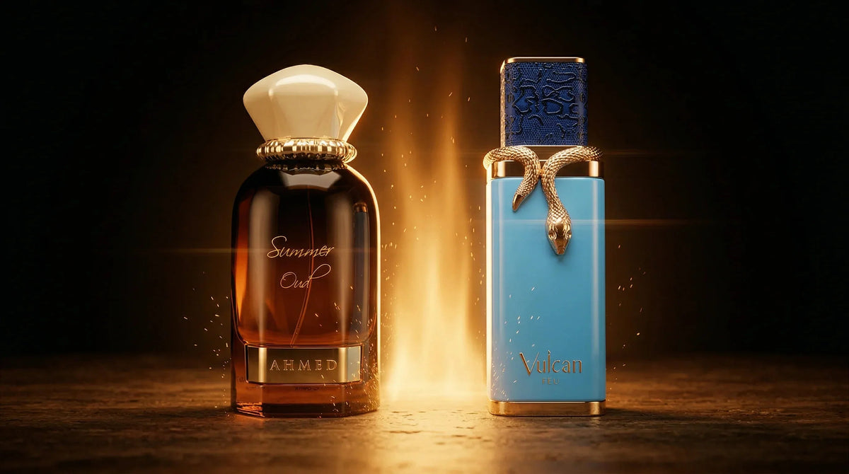 Ahmed Al Maghribi Summer Oud and French Avenue Vulcan Feu bottles  side by side on dark stone with amber glow rising between them —  fragrance layering combination for summer oud stack