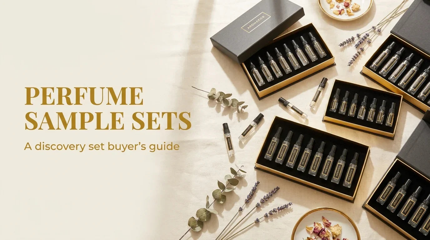 Perfume and cologne sample sets — opened fragrance discovery set boxes with rows of decant atomizers