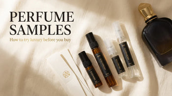 Perfume samples — glass decant atomizers, a scent blotter, and a designer fragrance bottle flat-lay