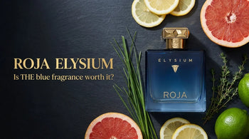 Roja Elysium Pour Homme bottle with grapefruit, lemon, lime and vetiver on dark slate