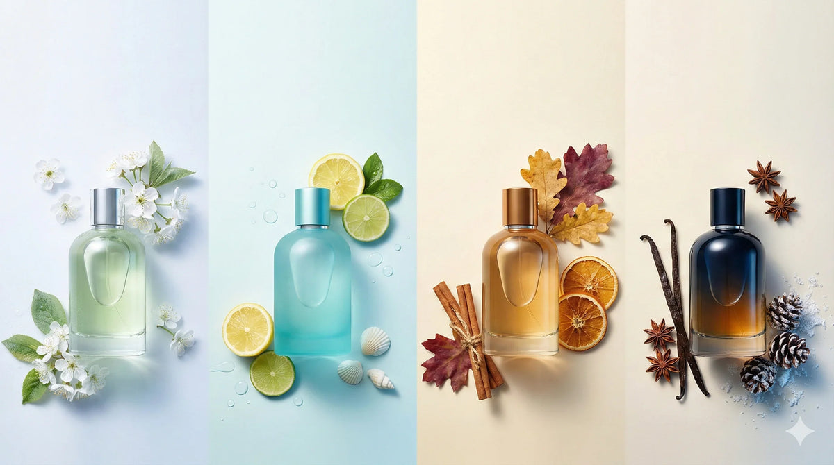 Four luxury perfume bottles representing spring summer fall winter seasonal fragrances
