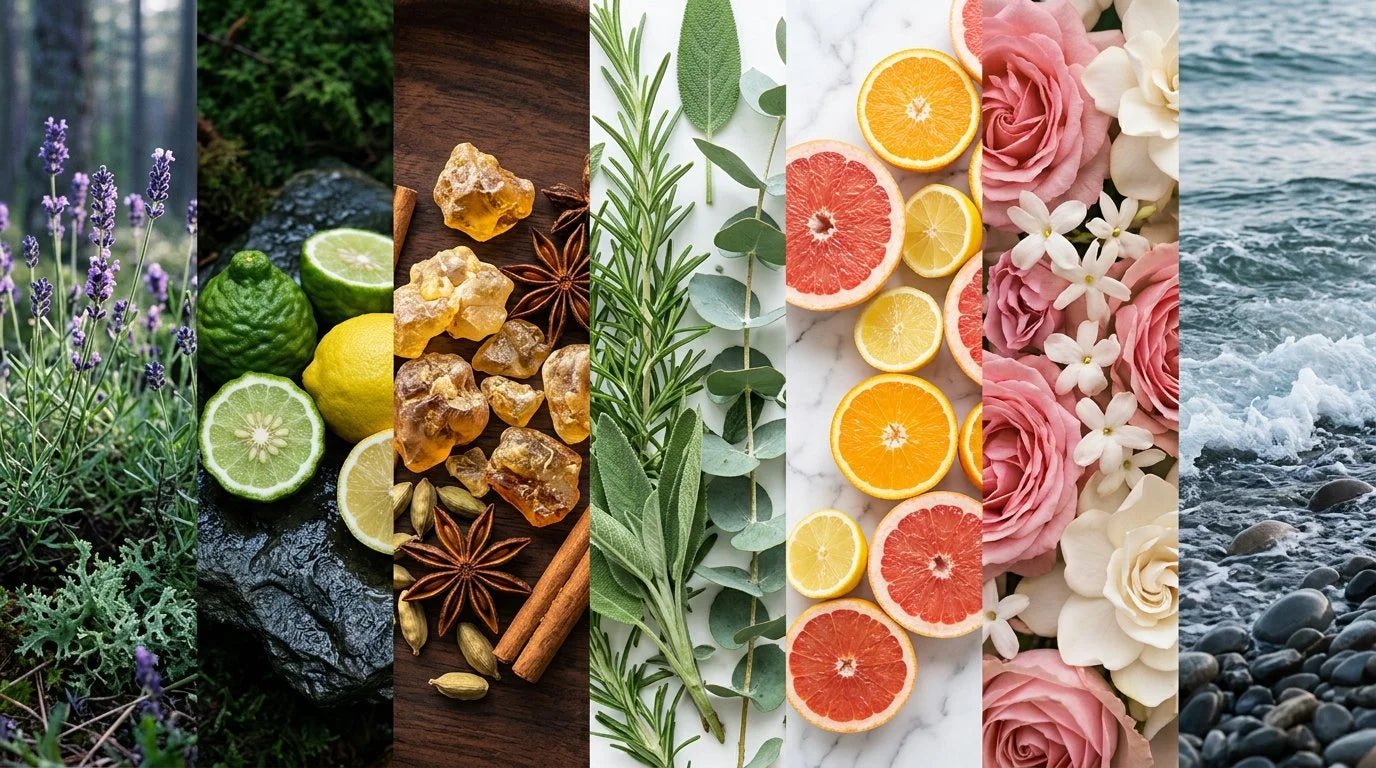 Seven fragrance families side by side — fougère, chypre, oriental, aromatic, citrus, floral, and aquatic ingredients