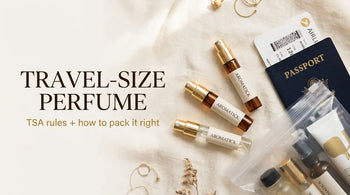 Travel-size perfume guide — Aromatick decant atomizers, passport, and quart travel bag flat-lay