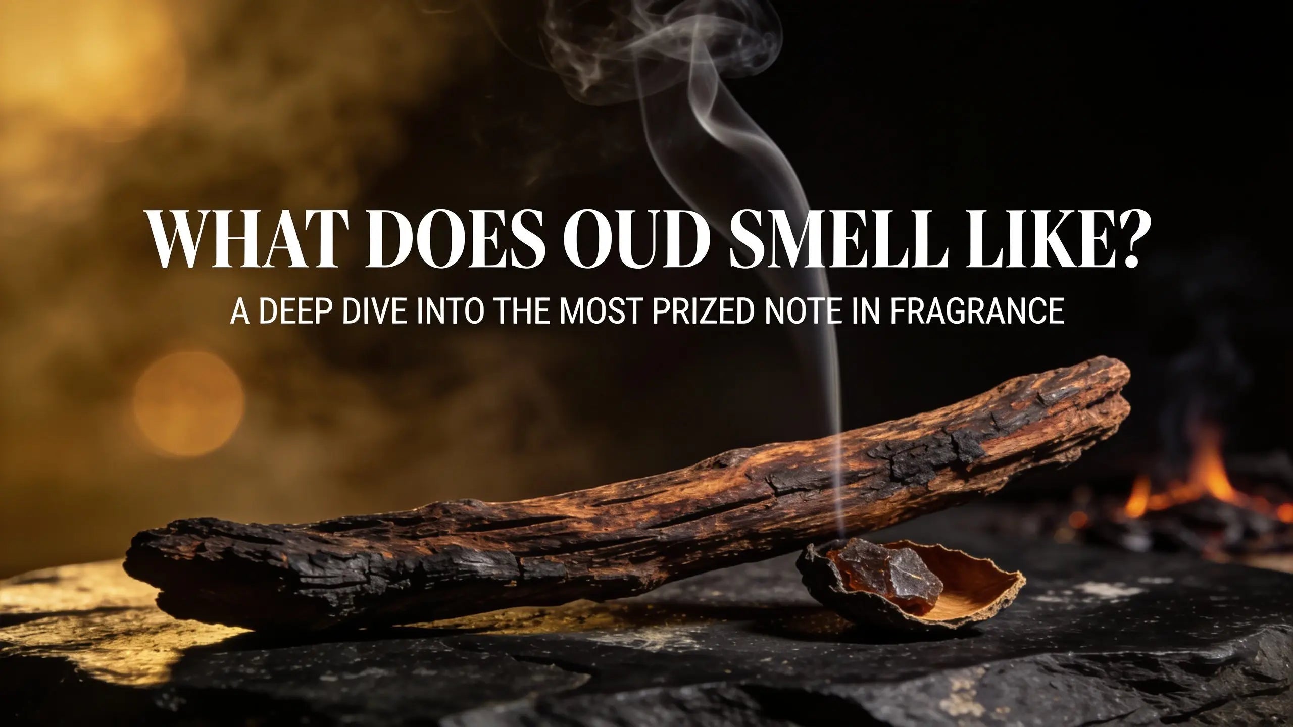 Raw agarwood branch with smoke rising on dark stone — what does oud smell like fragrance deep dive
