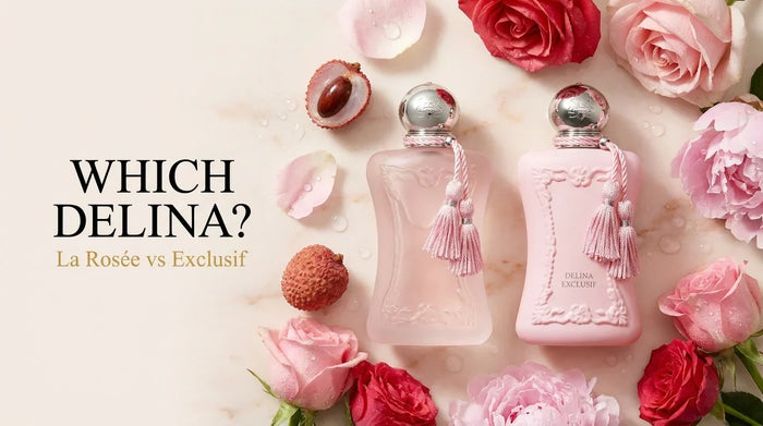 Parfums de Marly Delina La Rosee and Delina Exclusif bottles with roses and lychee on blush marble
