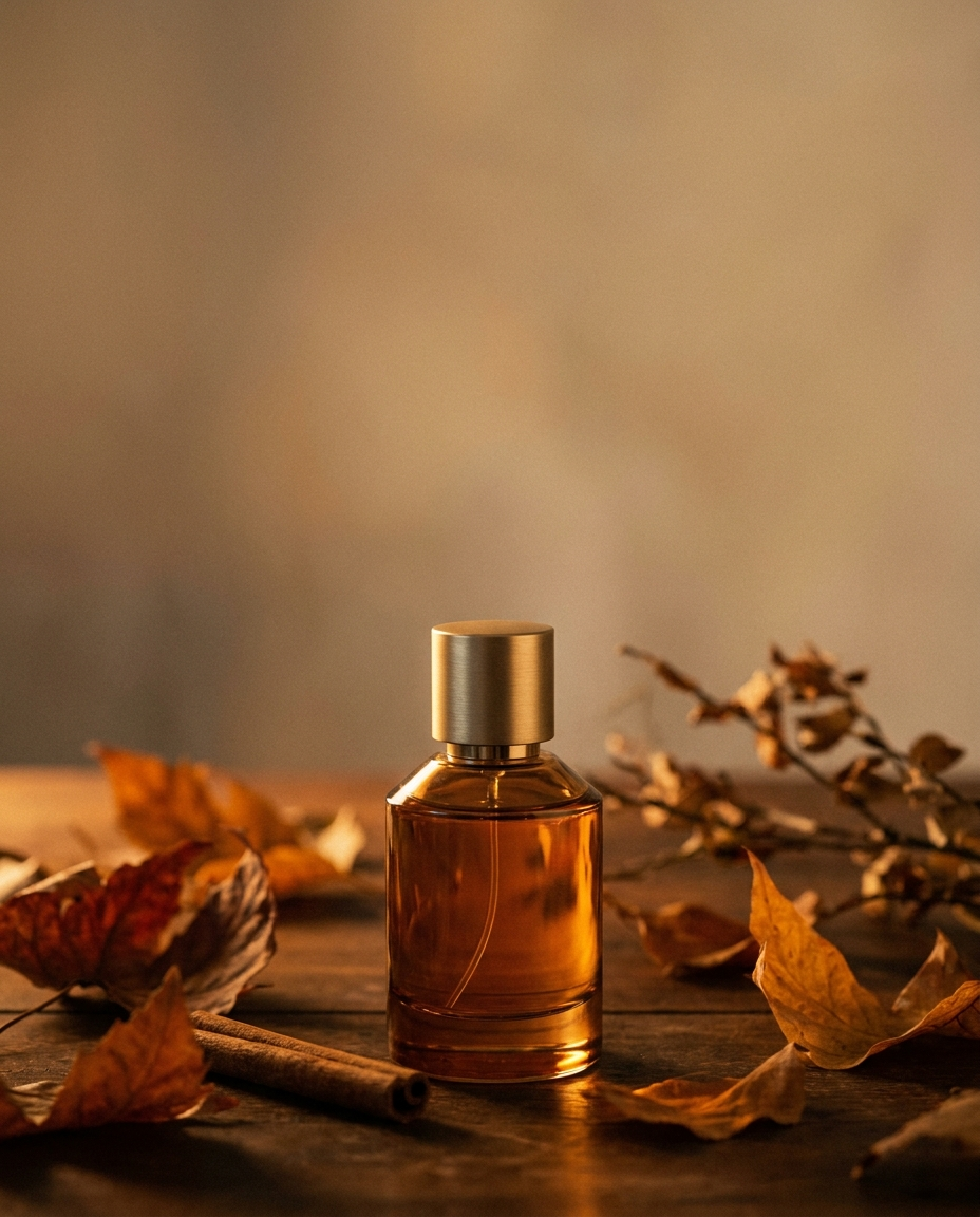 Fall fragrances — amber perfume bottle among autumn leaves and cinnamon on walnut wood