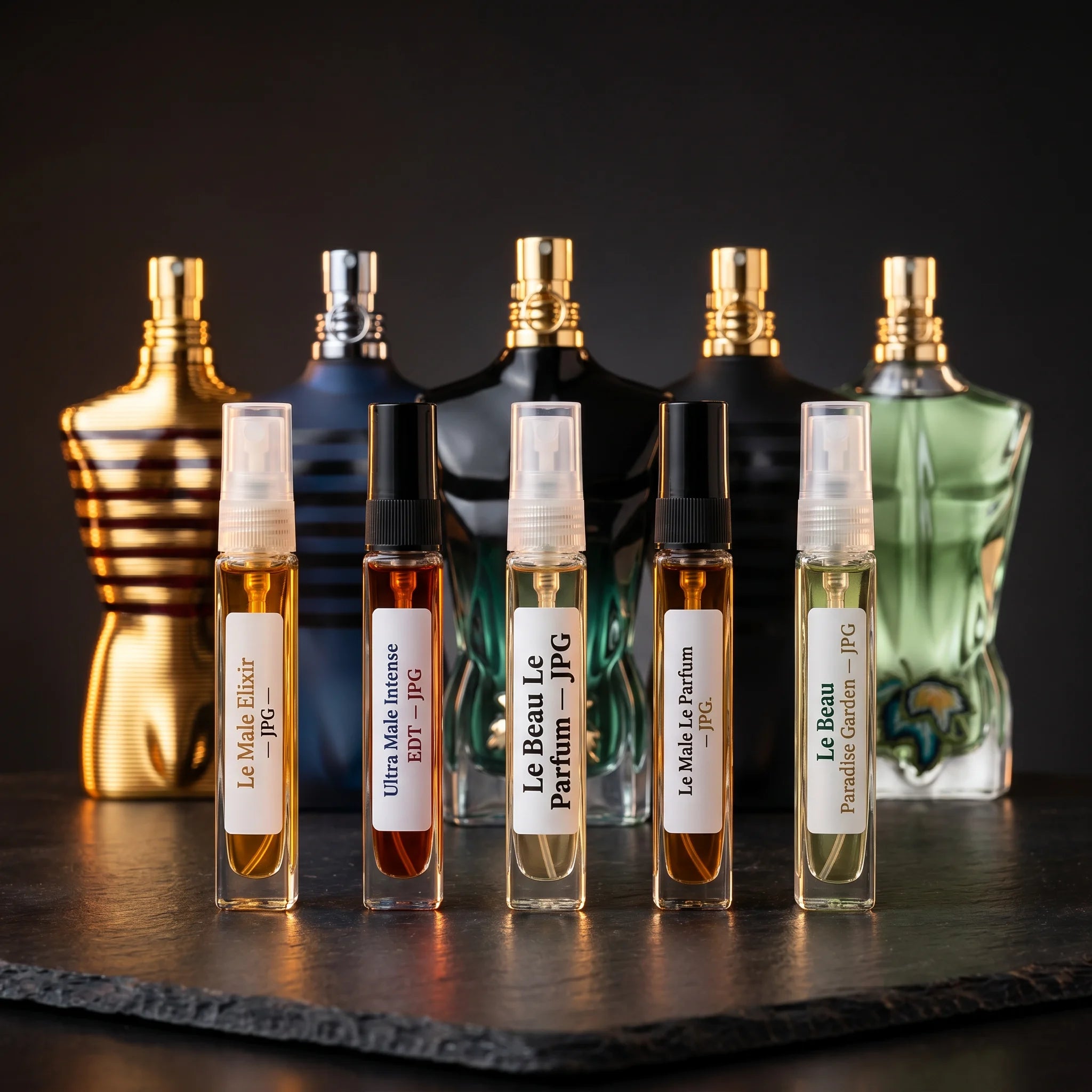 Aromatick Jean Paul Gaultier Le Male & Le Beau Discovery Set — five 5ml decants of Le Male Elixir, Ultra Male Intense, Le Beau Le Parfum, Le Male Le Parfum, and Le Beau Paradise Garden with full-size JPG torso bottles in the background
