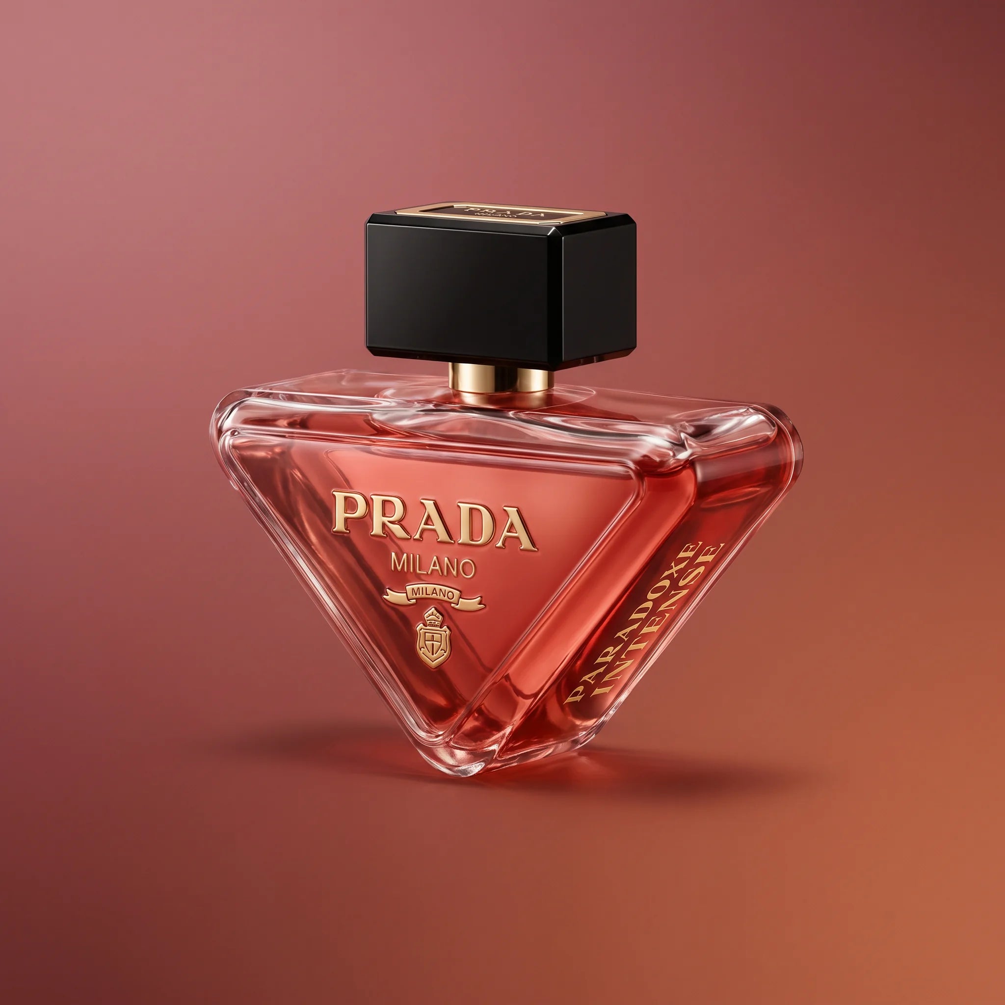 Prada Paradoxe Intense EDP 3 oz bottle — clear triangular glass with deep coral-red juice and gold PRADA Milano logo on a moody burgundy backdrop
