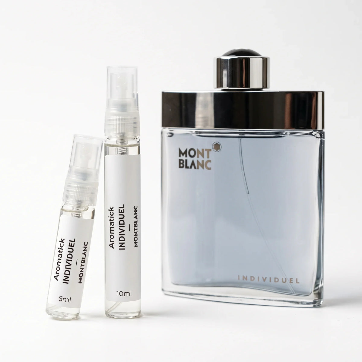 Montblanc Individuel EDT decant 5ml and 10ml atomizers beside the chrome-capped rectangular bottle