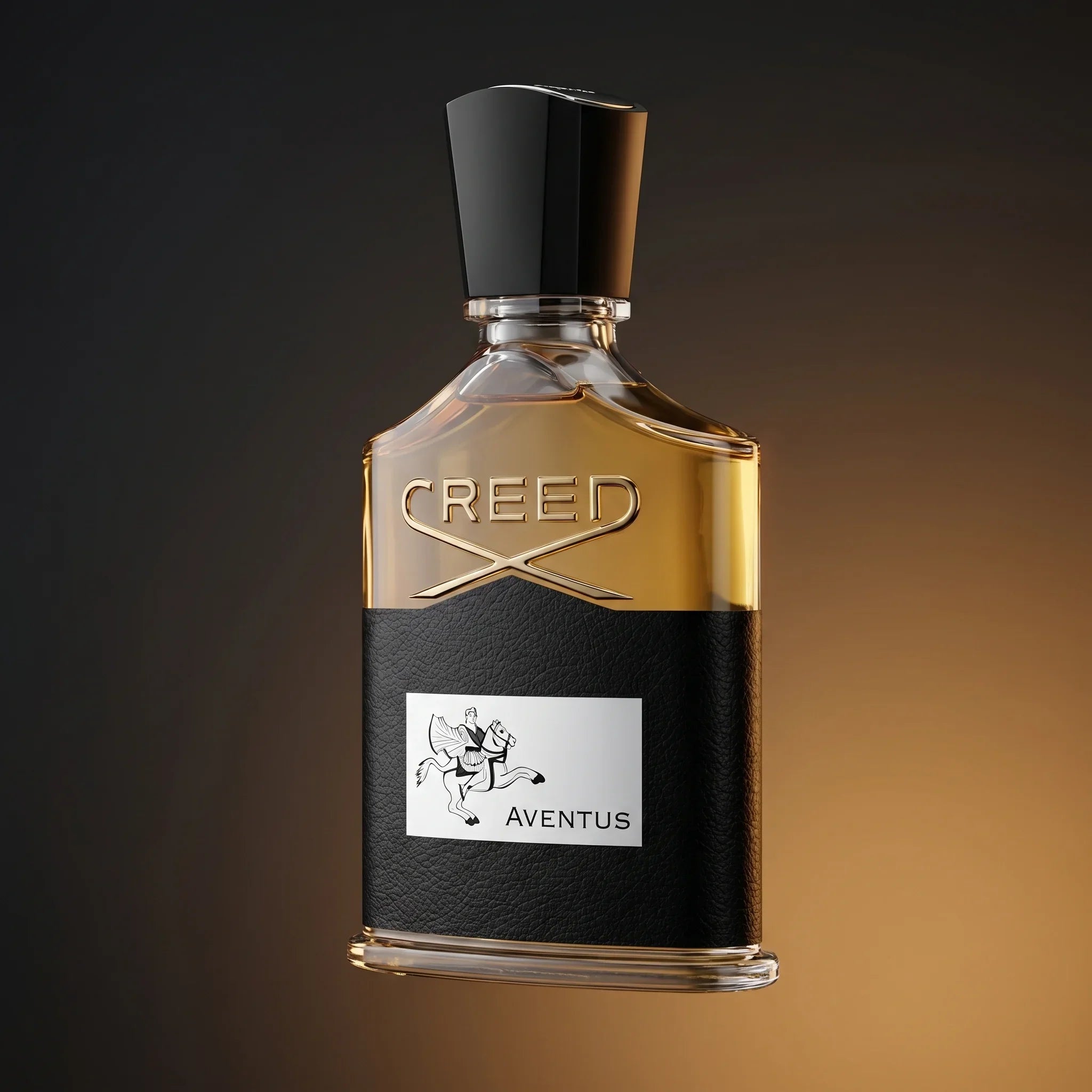 Creed Aventus EDP bottle at three-quarter angle showing the leather band edge and black cap on a warm charcoal gradient