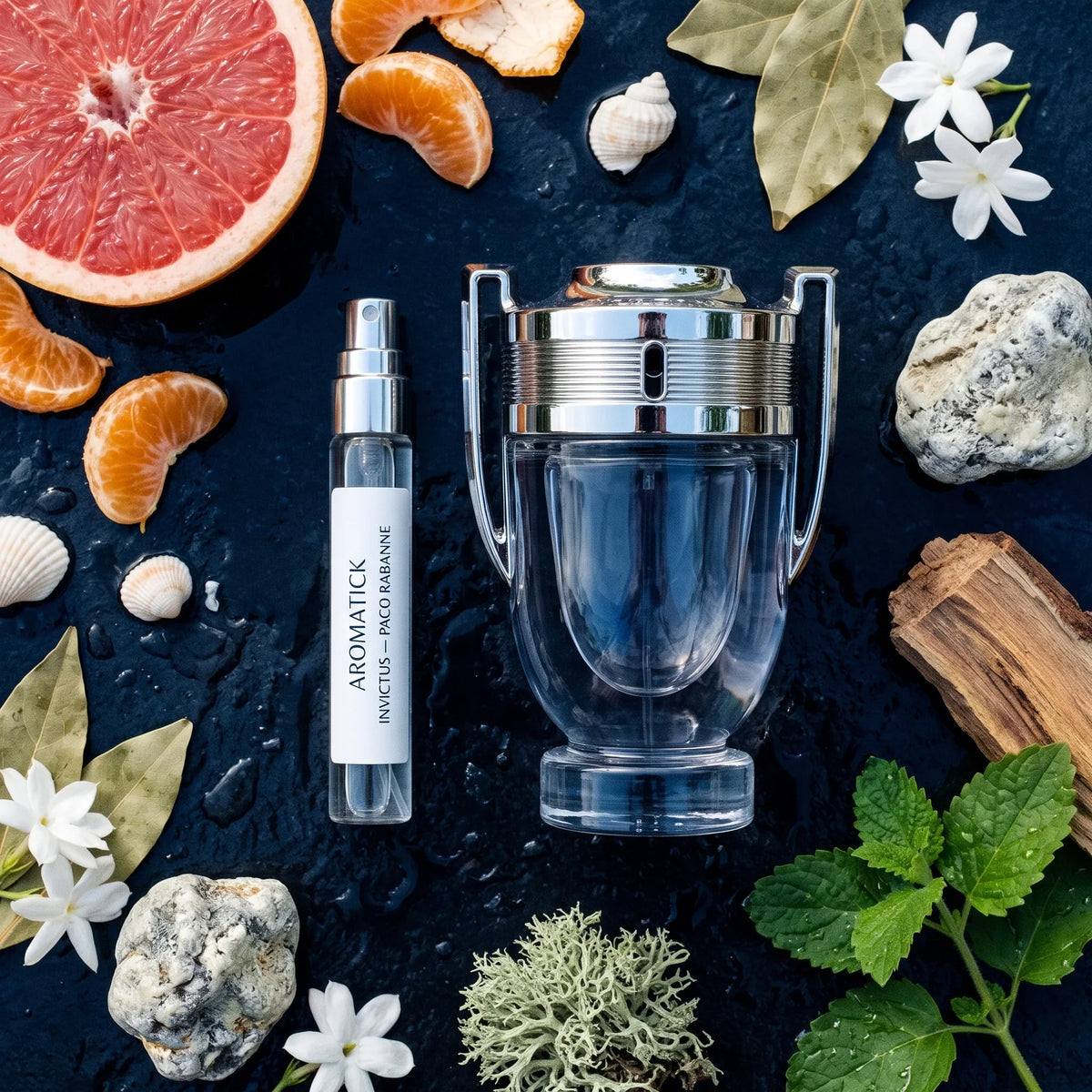 Paco Rabanne Invictus EDT flatlay with grapefruit, sea shells, bay leaves, jasmine, ambergris and guaiac wood
