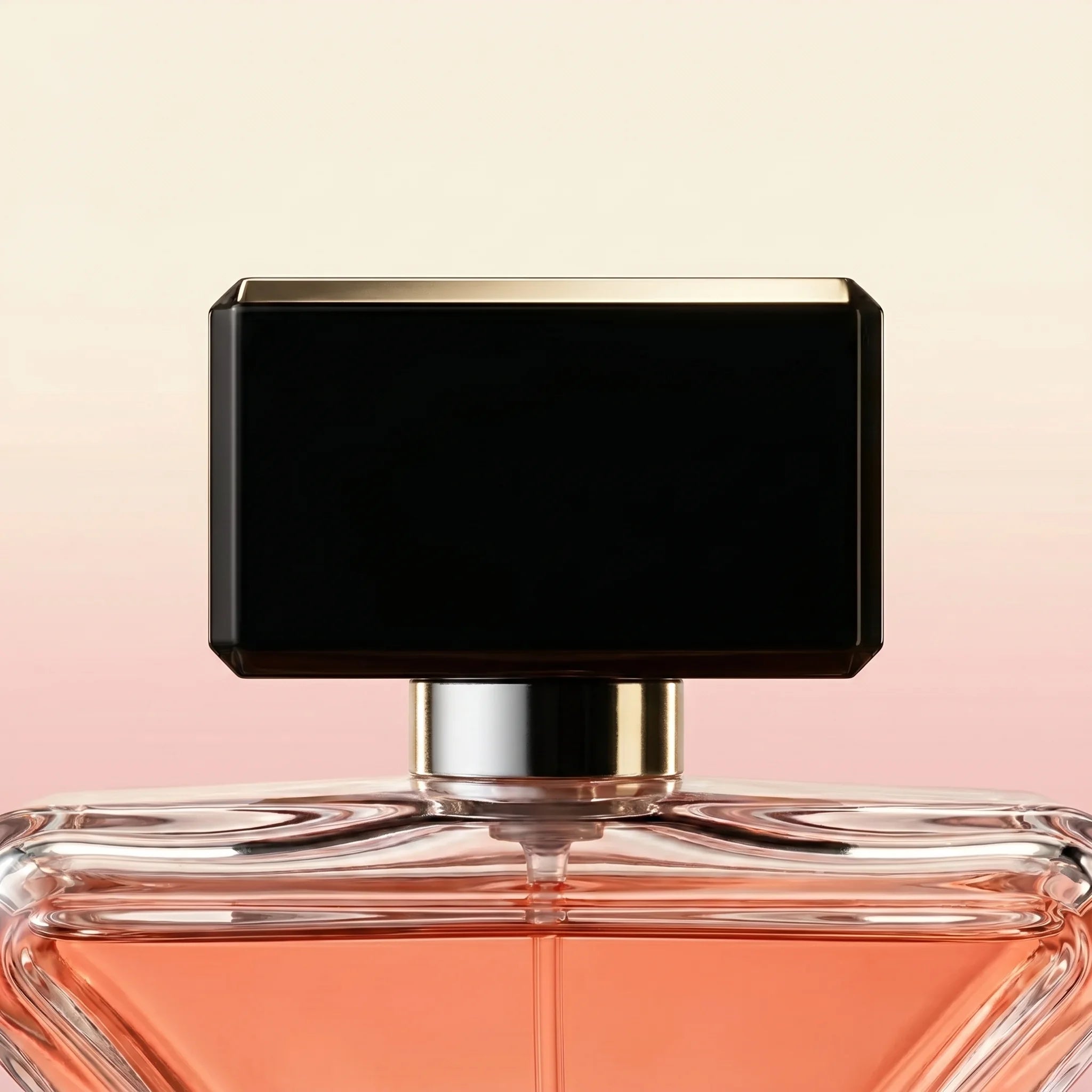 Macro detail of Prada Paradoxe Eau de Parfum cap — black rectangular magnetic top with gold accent over the bottle shoulder