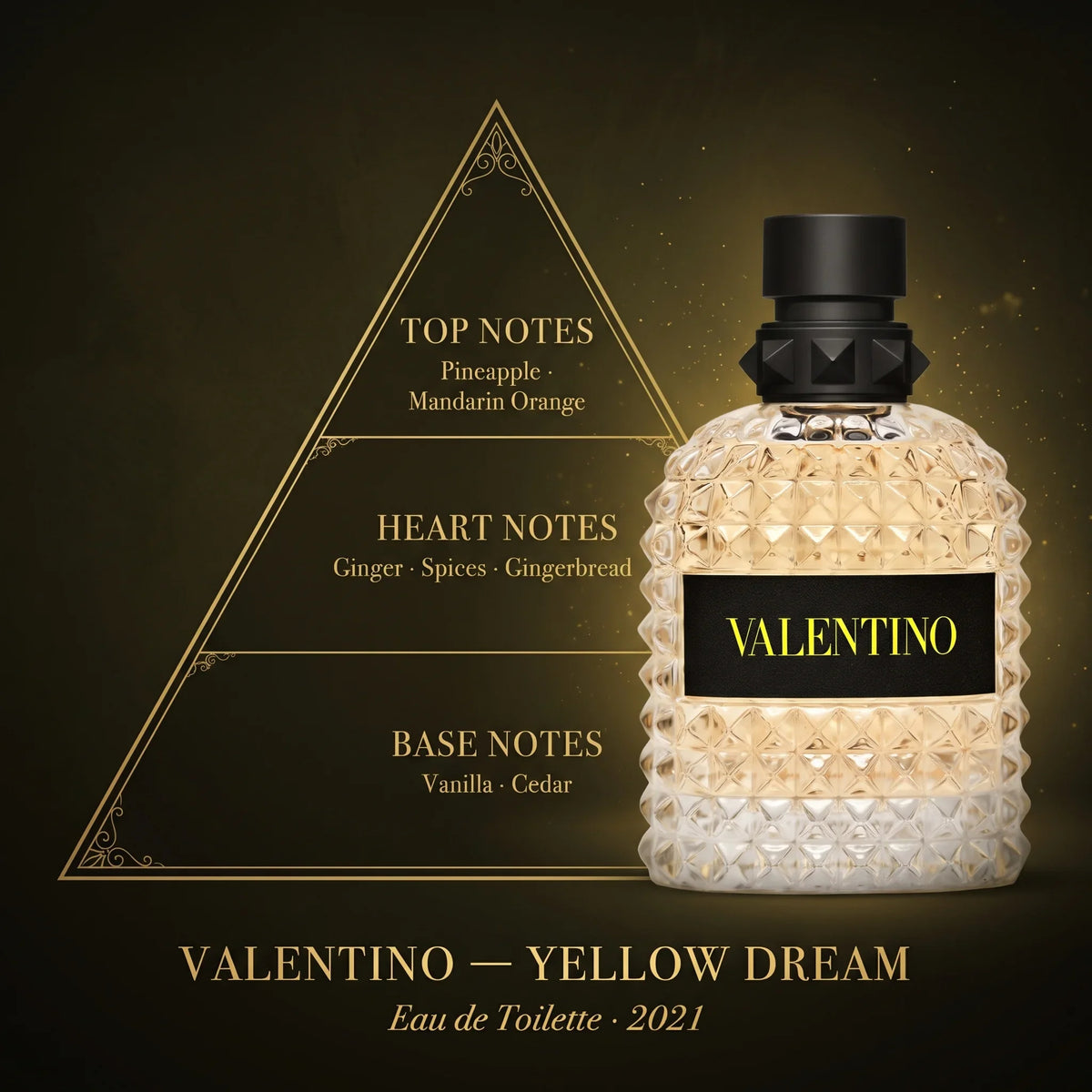 Valentino Born in Roma Yellow Dream note pyramid — pineapple, mandarin, ginger, gingerbread, vanilla, cedar