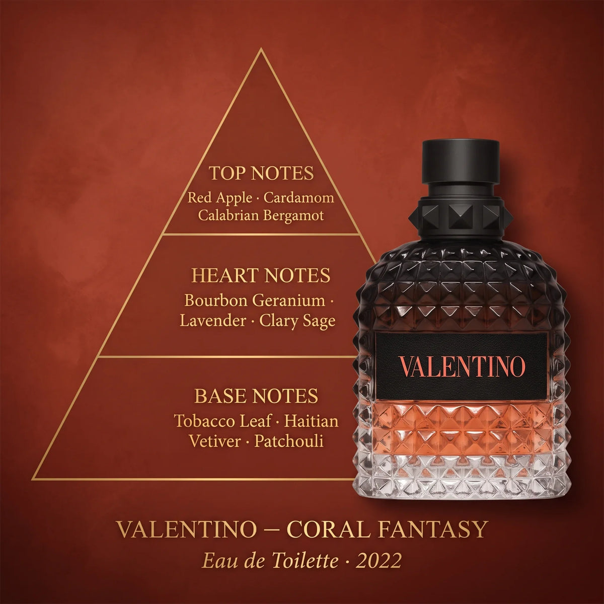 Valentino Born in Roma Coral Fantasy note pyramid — red apple, cardamom, bergamot, geranium, lavender, tobacco, vetiver