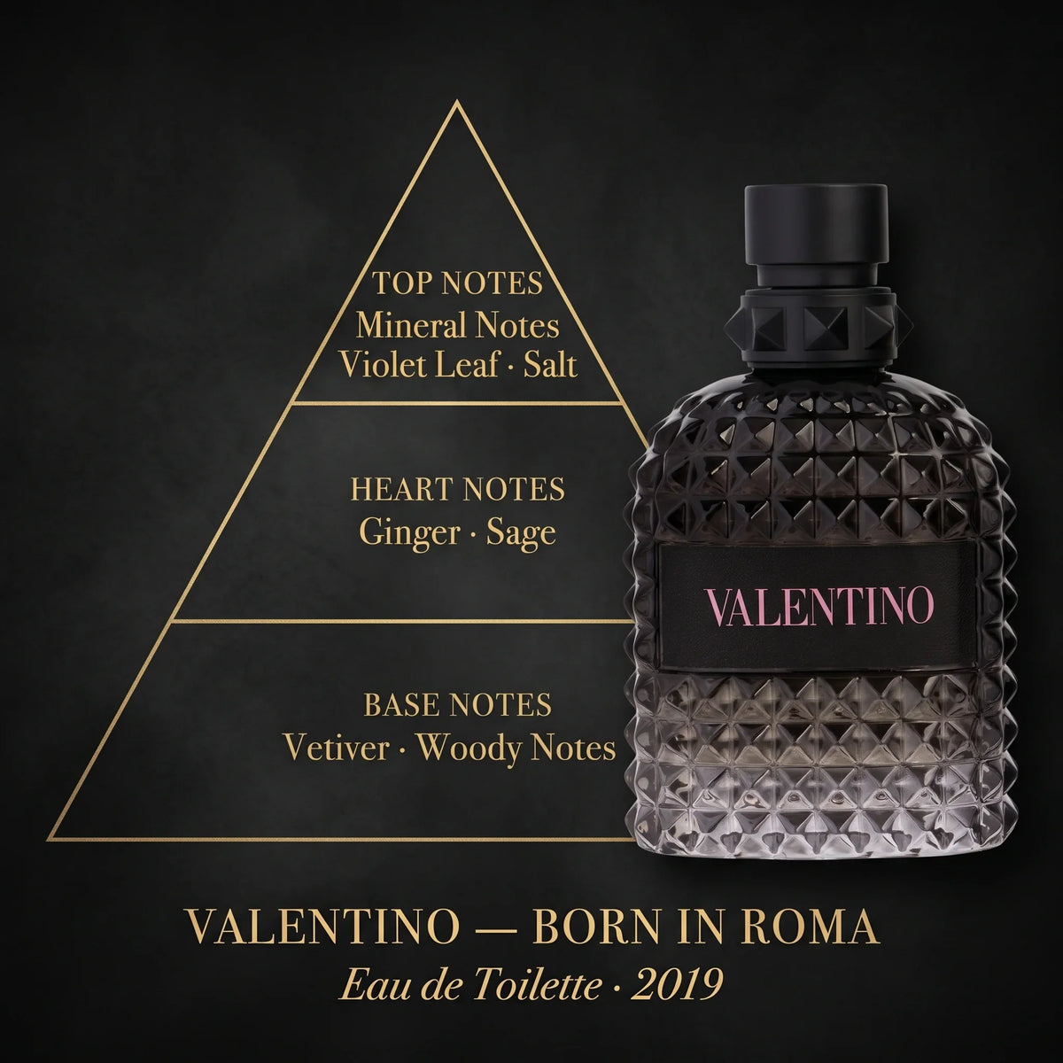 Valentino Uomo Born in Roma EDT fragrance note pyramid — mineral notes, violet leaf, salt, ginger, sage, vetiver