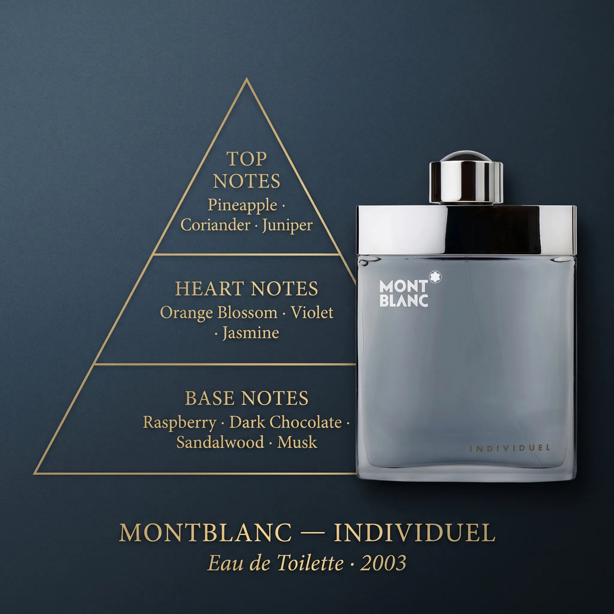 Montblanc Individuel note pyramid — pineapple, coriander, juniper, orange blossom, violet, raspberry, dark chocolate, musk