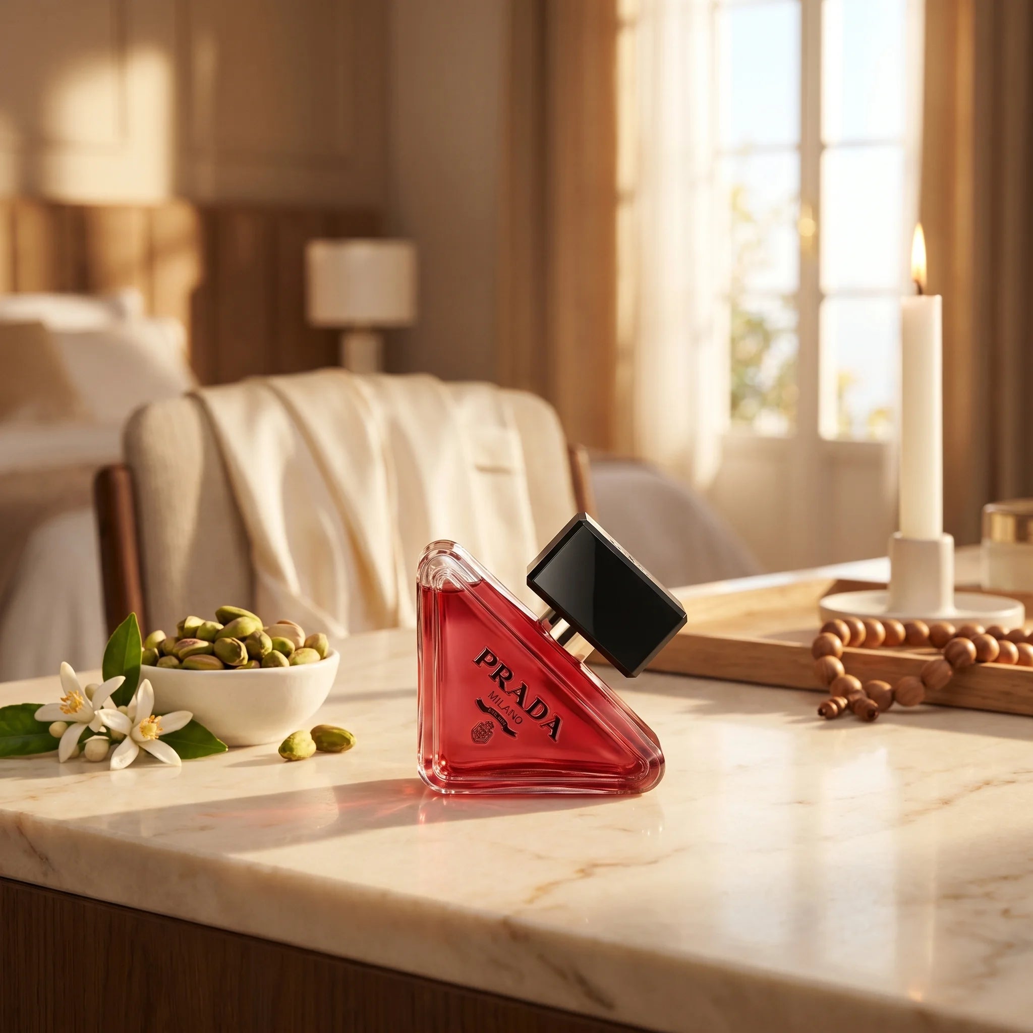 Prada Paradoxe Radical Essence Parfum on a cream marble vanity with fresh pistachios, orange blossom and a white candle in afternoon light
