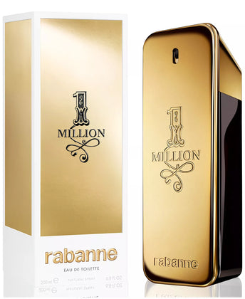 Gold '1 Million' perfume bottle and packaging with Rabanne branding on a white background