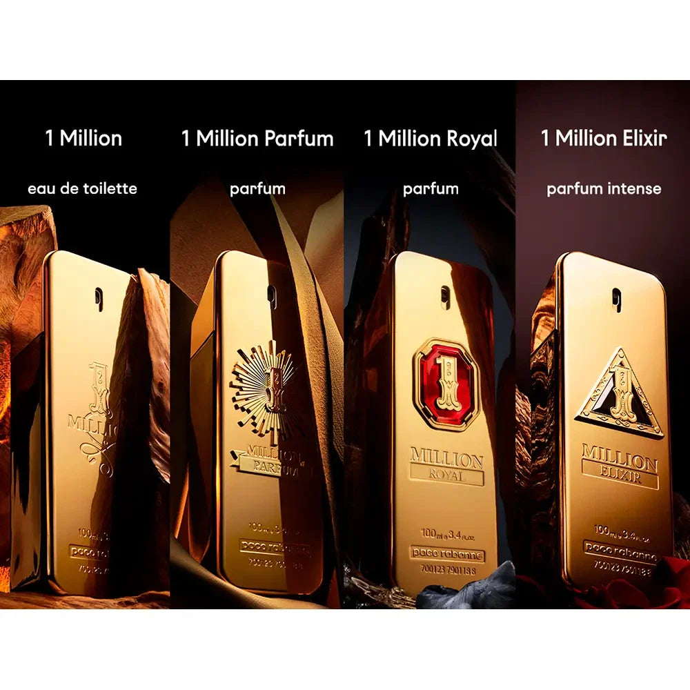 Four gold perfume bottles labeled '1 Million', '1 Million Parfum', '1 Million Royal', and '1 Million Elixir' on a dark background.