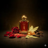 Red cologne bottle in a bed of flowers