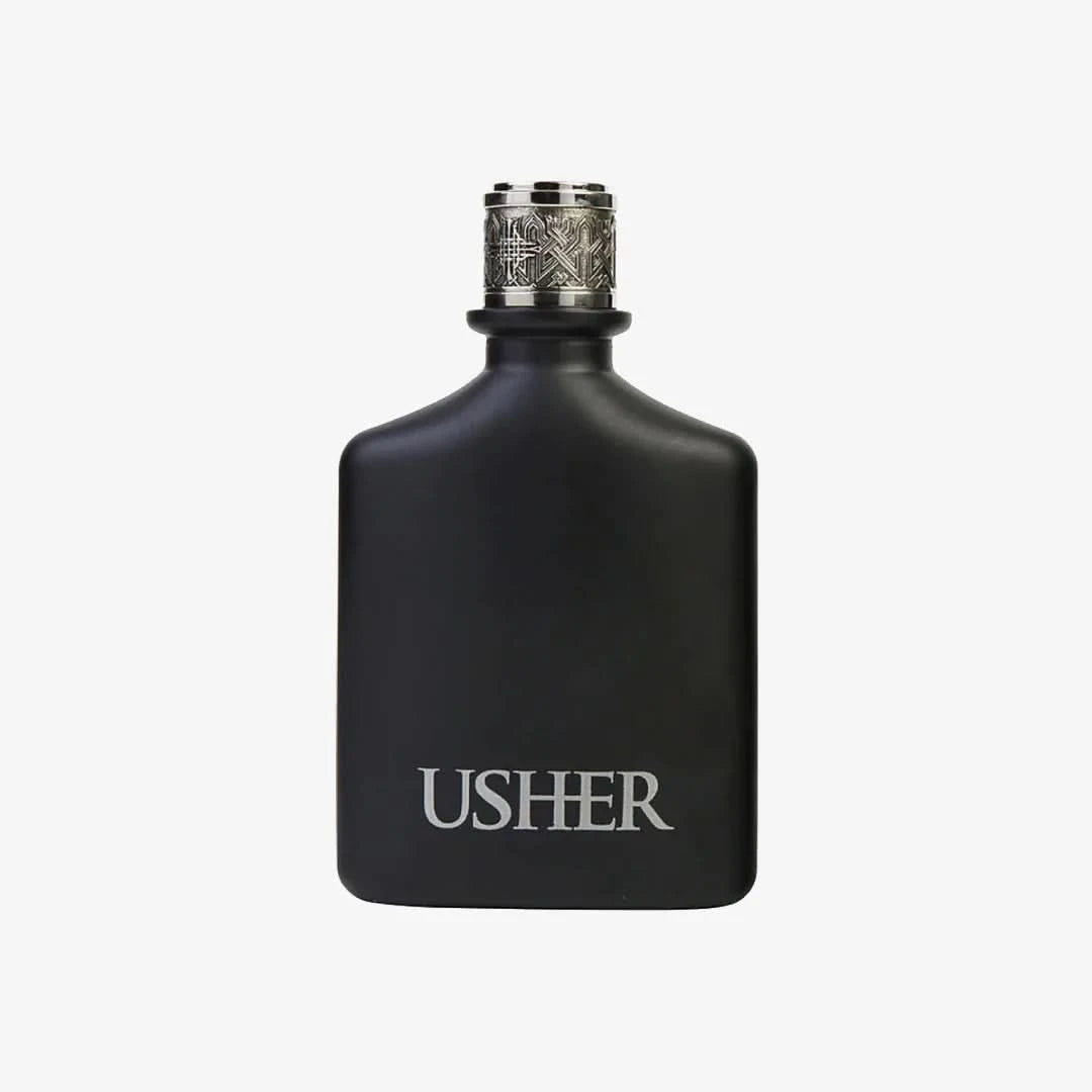 Black Usher perfume bottle on a white background