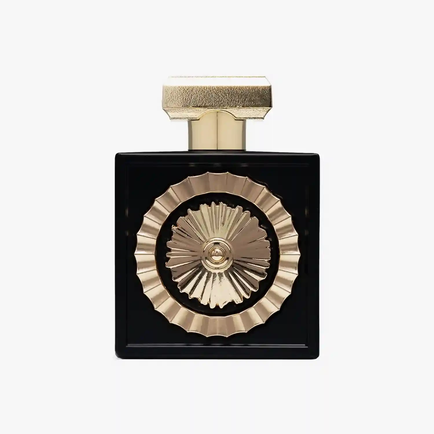 Luxury perfume bottle with gold and black design on a white background