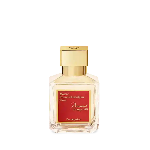 Perfume bottle with gold cap and red label on a white background