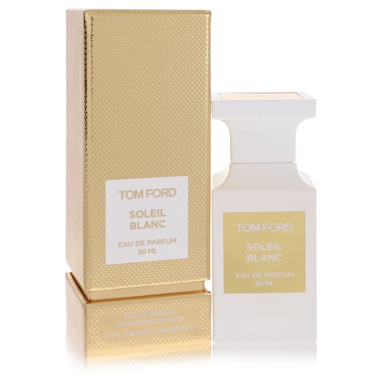 Tom Ford Soleil Blanc perfume bottle and packaging on a white background