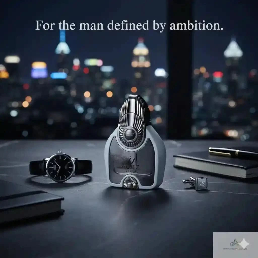 Perfume bottle, watch, and cufflinks on a table with a cityscape background.