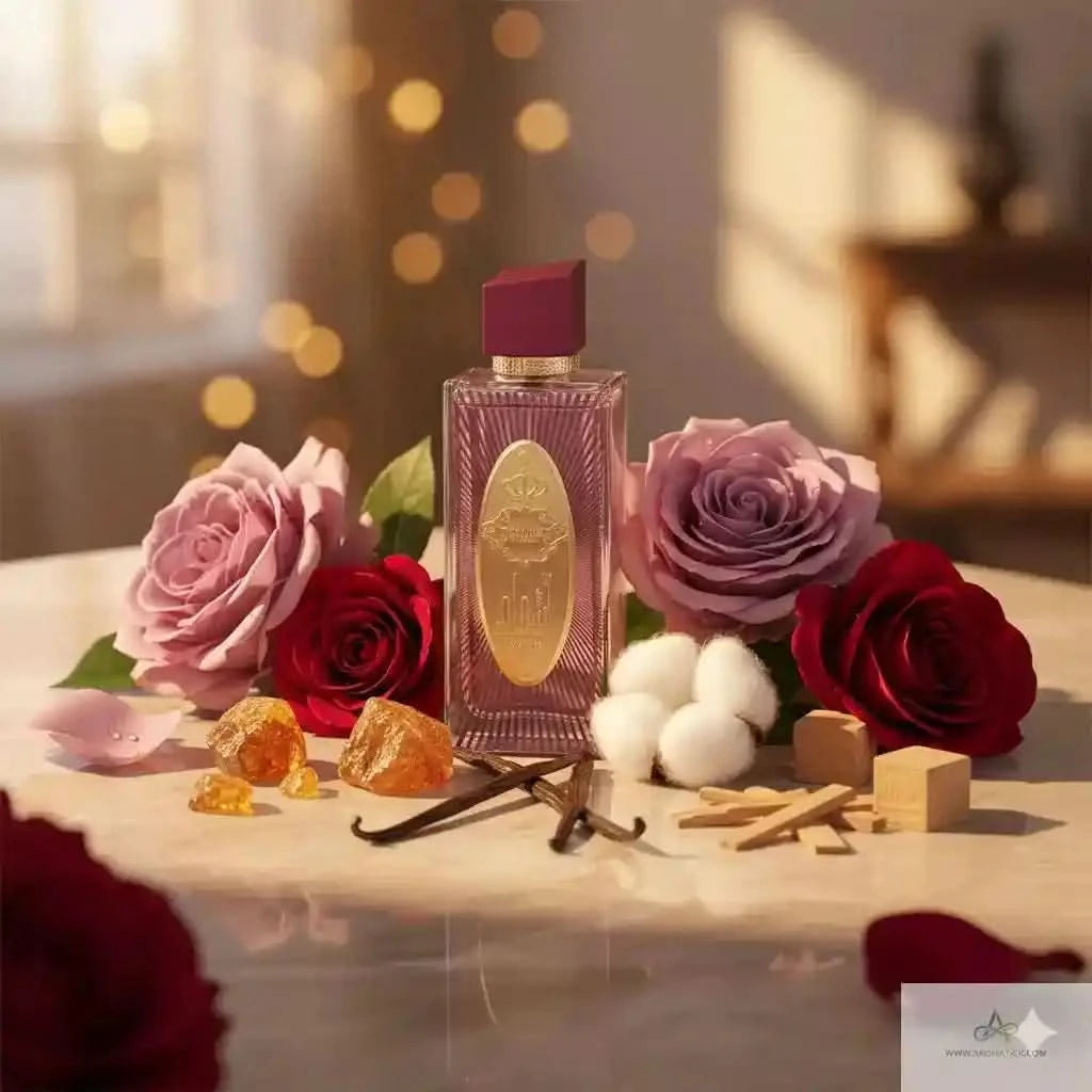Perfume bottle with flowers and spices on a table