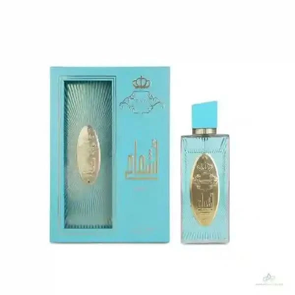 Perfume bottle and packaging with gold accents on a white background