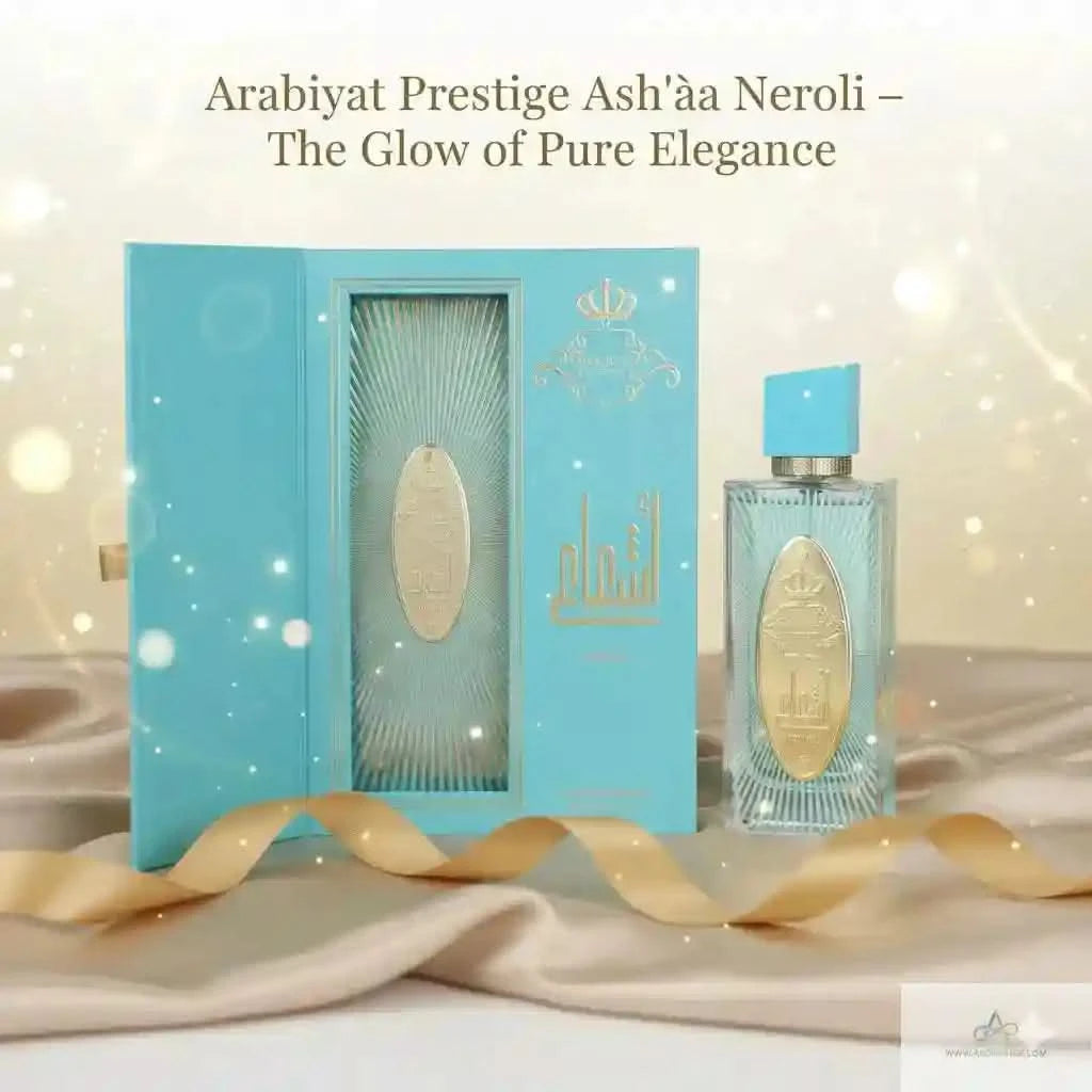 Arabiyat Prestige Ashçña Neroli perfume bottle and packaging on a soft background
