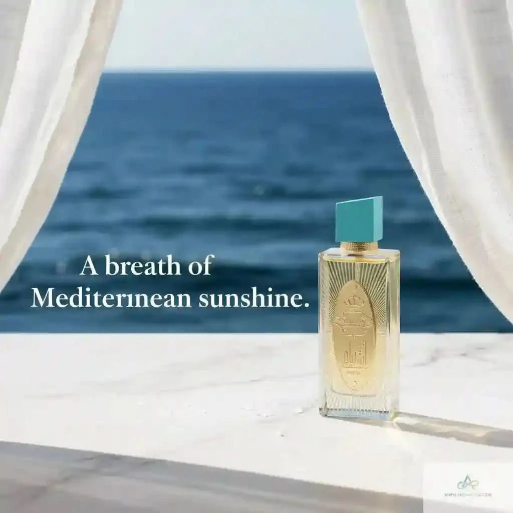 Perfume bottle with Mediterranean scenery in the background