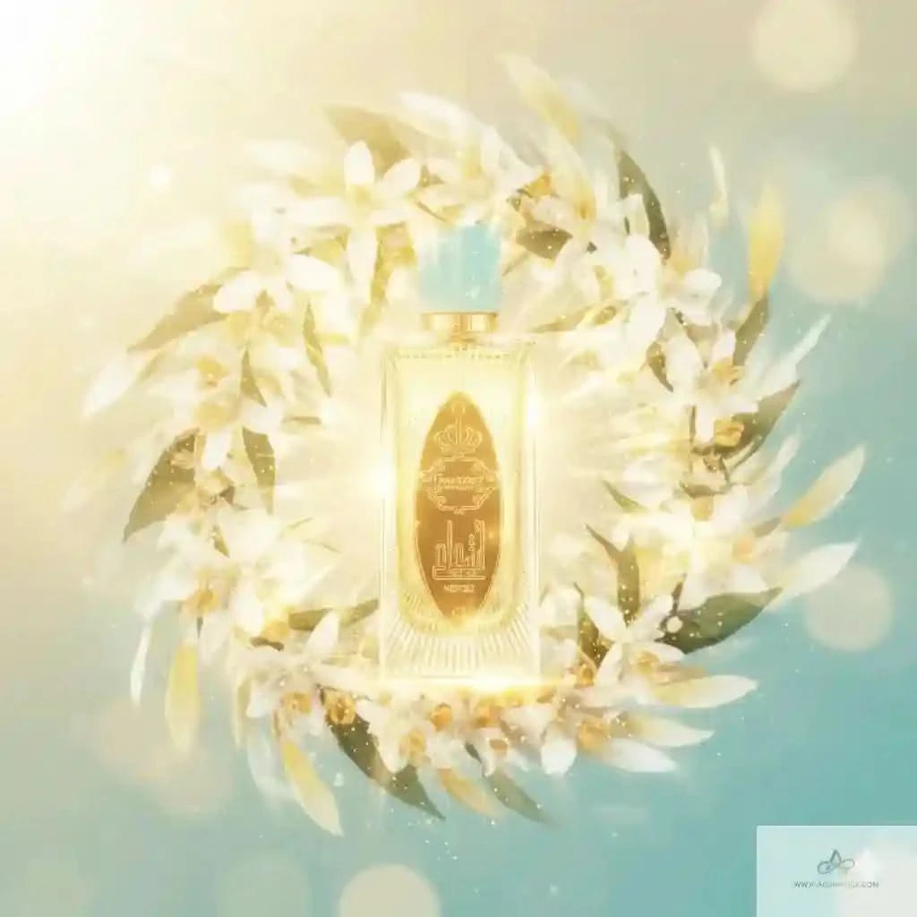 Gold perfume bottle with intricate design surrounded by white flowers on a soft, blurred background