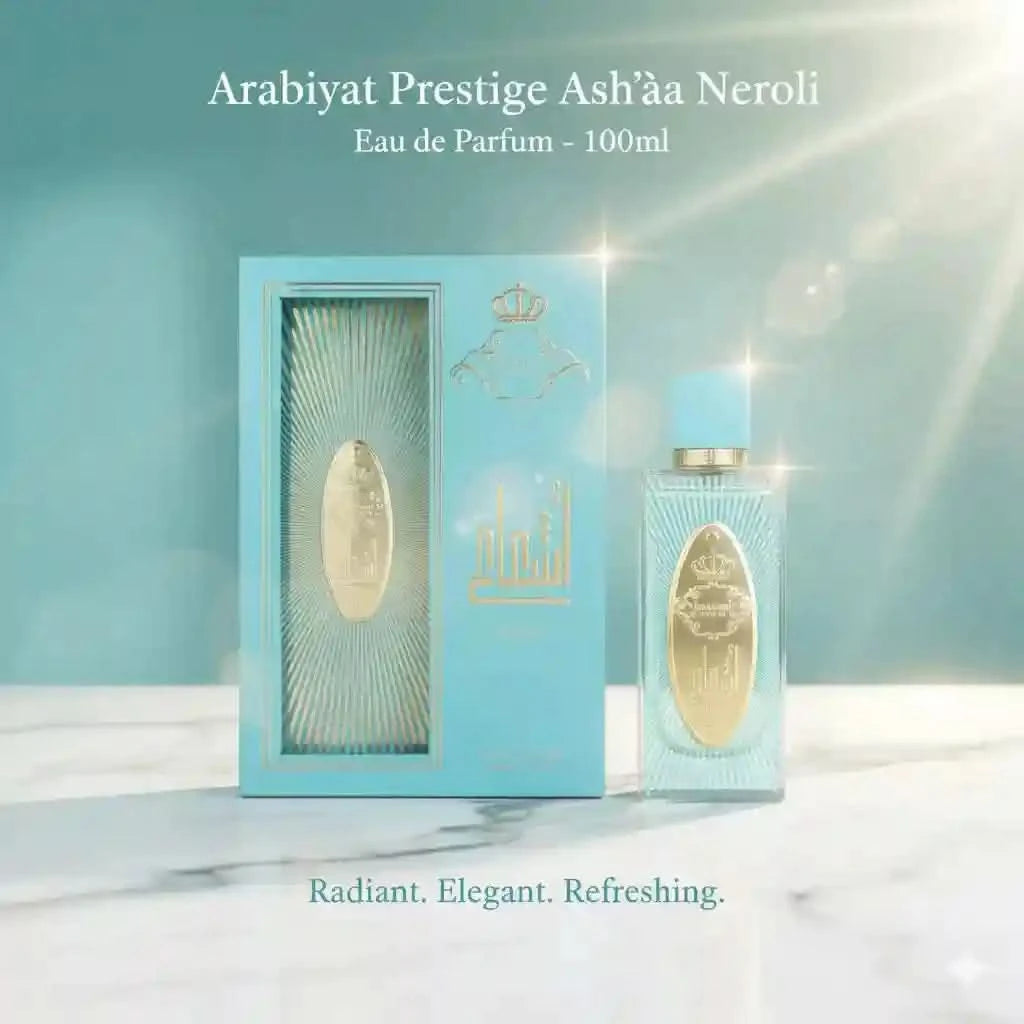 Arabiyat Prestige Ashçó Neroli Eau de Parfum packaging on a light blue background