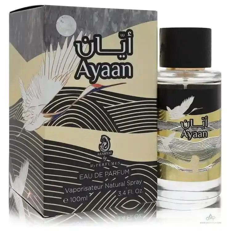 Ayaan perfume bottle and packaging with a crane design on a white background