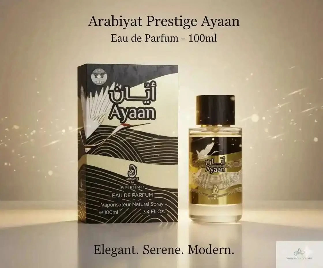 Arabiyat Prestige Ayaan Eau de Parfum bottle and packaging on a beige background